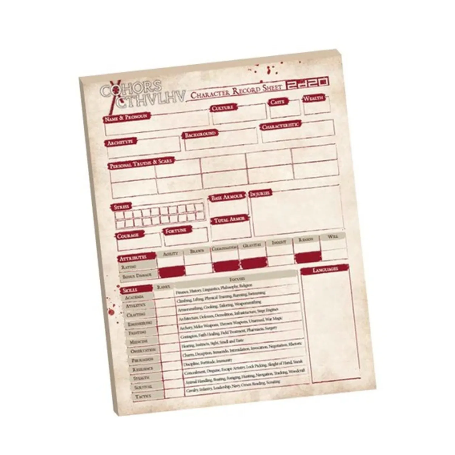 Cohors Cthulhu Character Sheet Printed Pad